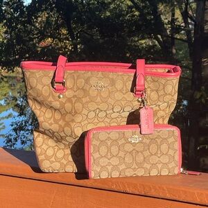 Coach Tan and Pink Tote Bag with Wallet